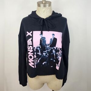 Monsta X Women's Midnight Black Lg Sleeve Crop Hoodie Featuring Band, sz SM